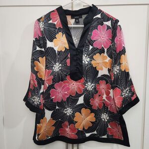 Alfani 100% Silk Womens Tunic Size 6 Black Floral Asian V Neck Shirt